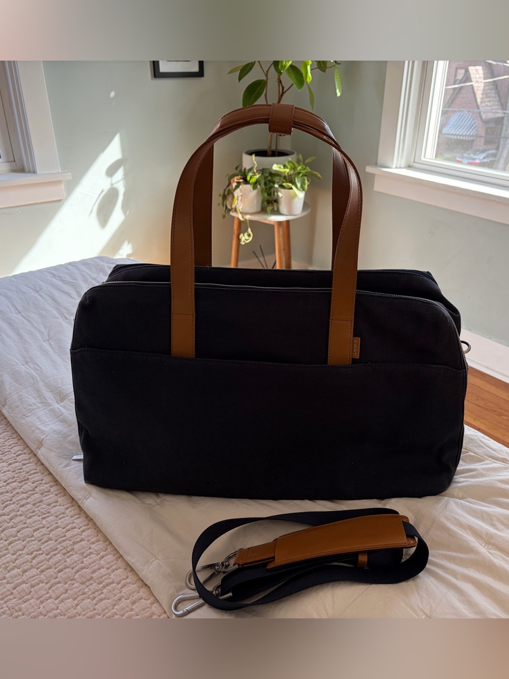 Away Navy Canvas Weekender with Tan Leather Trim